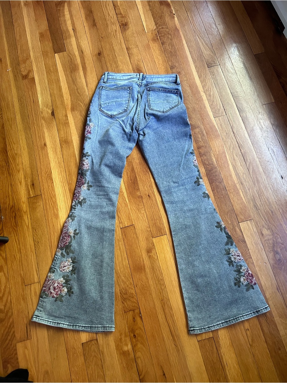 DRIFTWOOD Light Grey Denim Bootcut Jeans with Pink Floral Embroidery - Picture 2 of 3